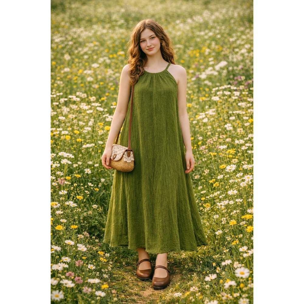 Halter Gauze Maxi Dress Womens Small Green Cottage‎ Boho Garden 100% Cotton